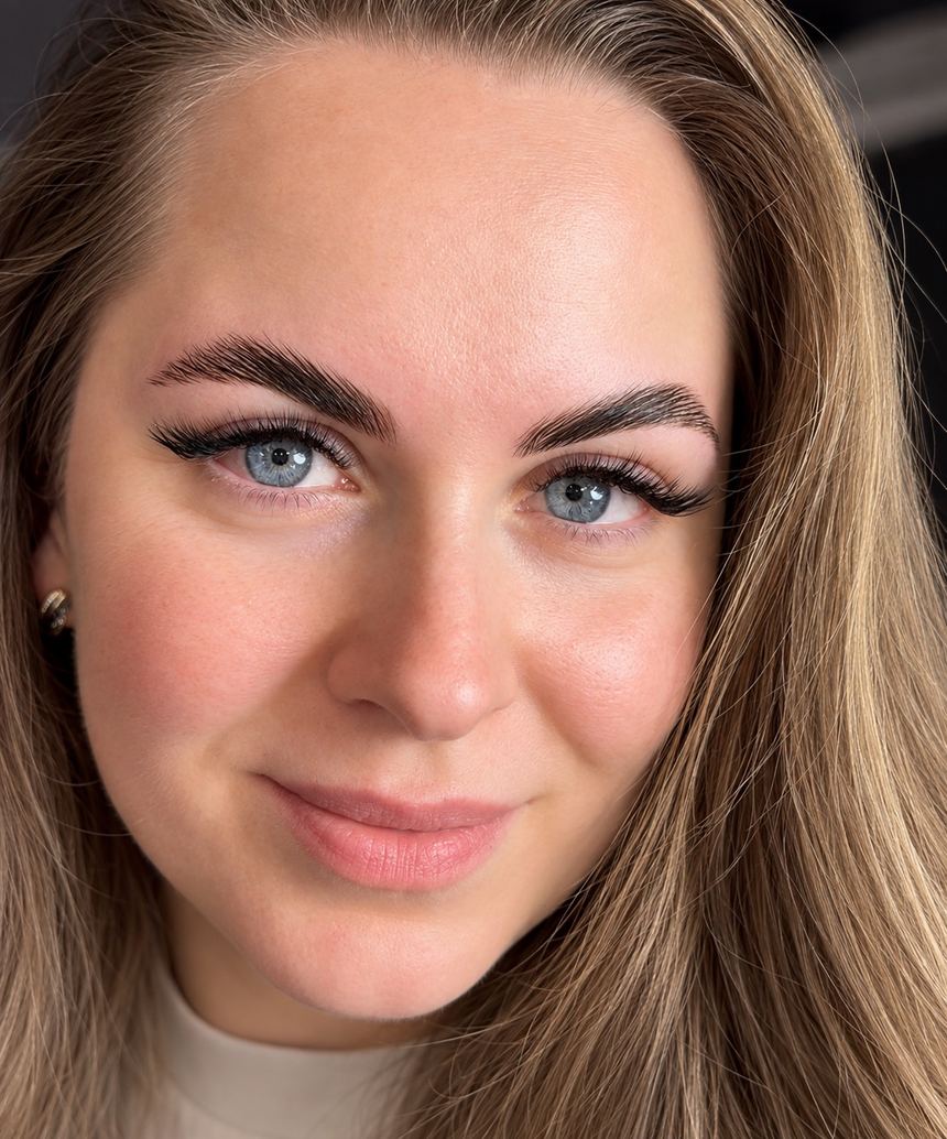 Blue eyes with lash extensions and laminated brows