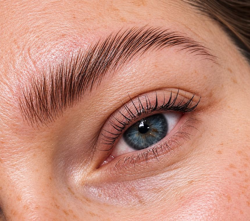 Close-up of laminated brow and lifted lashes