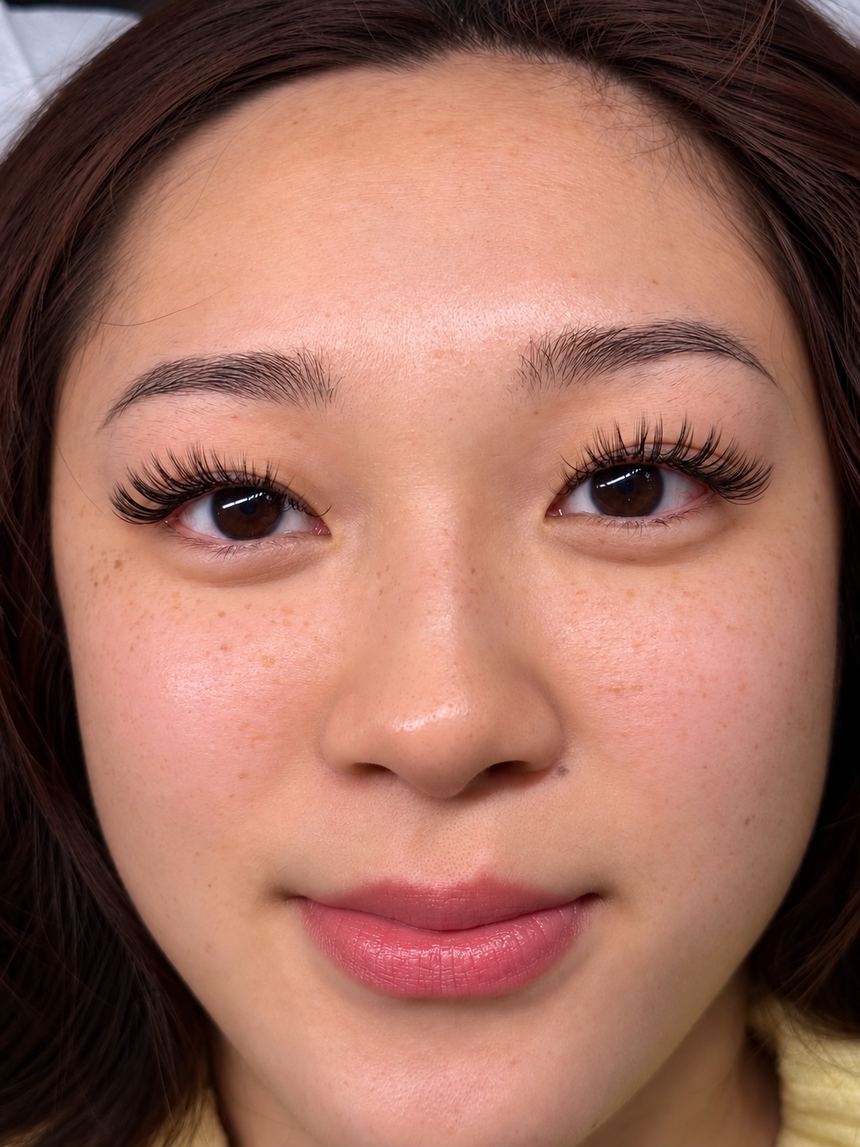 Wispy lash extensions on brown eyes