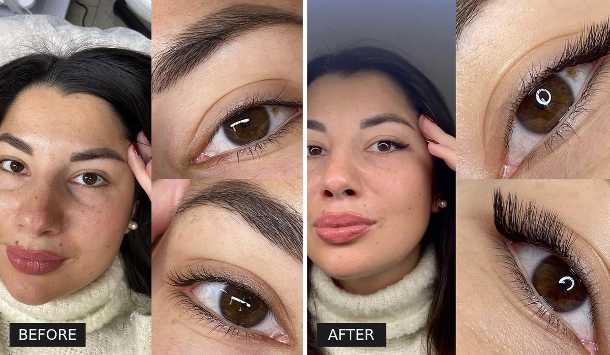 Before and after of a volume lash set with close-ups of each eye
